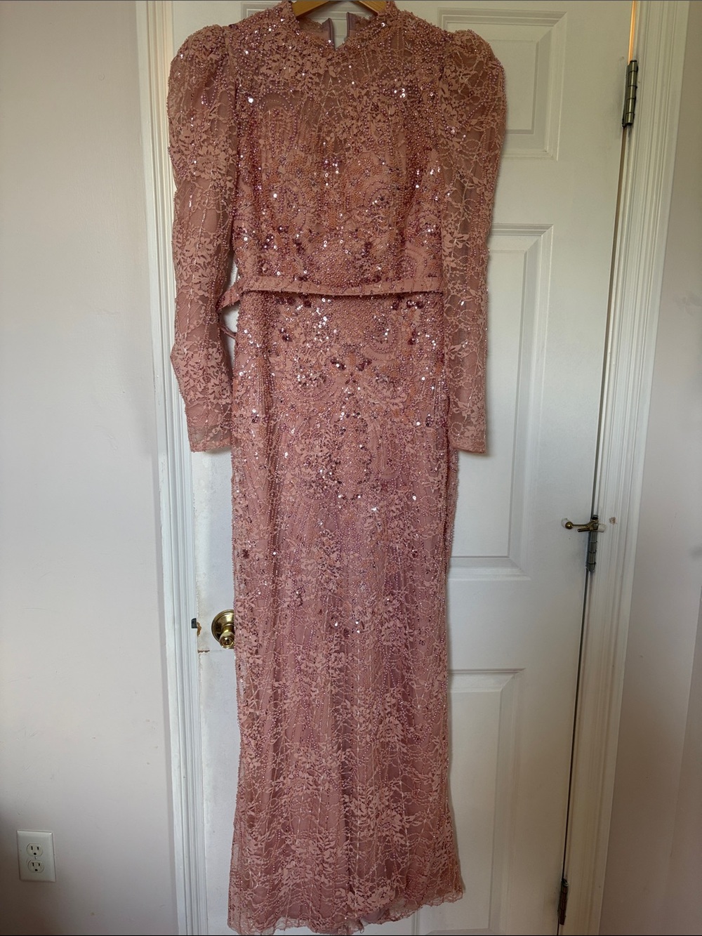 Embroidered Sequin Long Sleeve Evening Dress - Dusty Rose